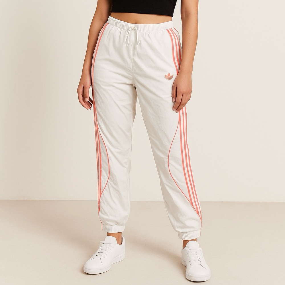Adidas Originals Women’s Track Pants – White with Coral Pink Stripes – Size M